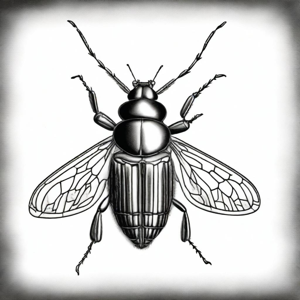 An exquisite black and white pencil drawing showcasing a unique bug