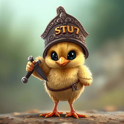 A realistic depiction of a chick standing proudly, wearing a detailed warrior hat that has intricate designs