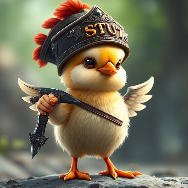 A realistic depiction of a chick standing proudly, wearing a detailed warrior hat that has intricate designs