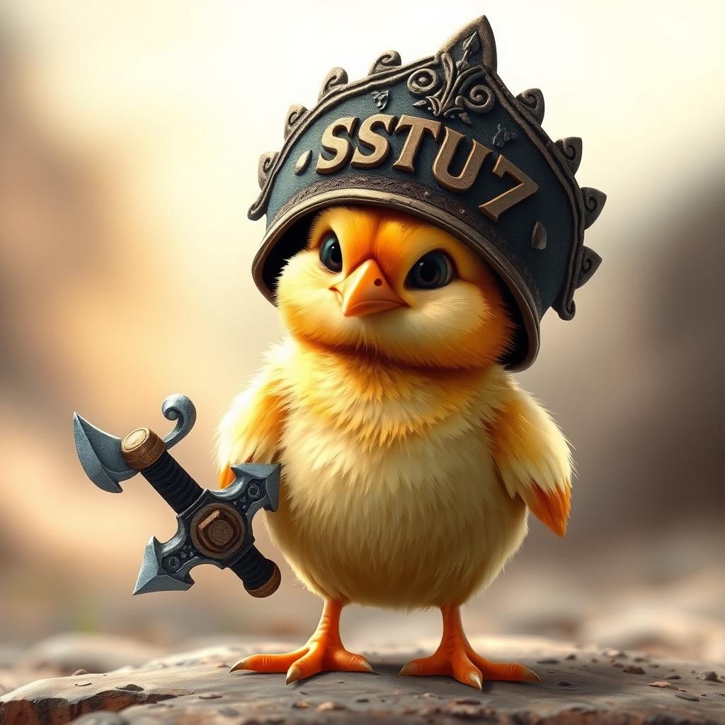 A realistic depiction of a chick standing proudly, wearing a detailed warrior hat that has intricate designs