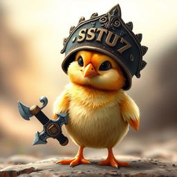 A realistic depiction of a chick standing proudly, wearing a detailed warrior hat that has intricate designs