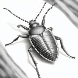 An exquisite black and white pencil drawing showcasing a unique bug