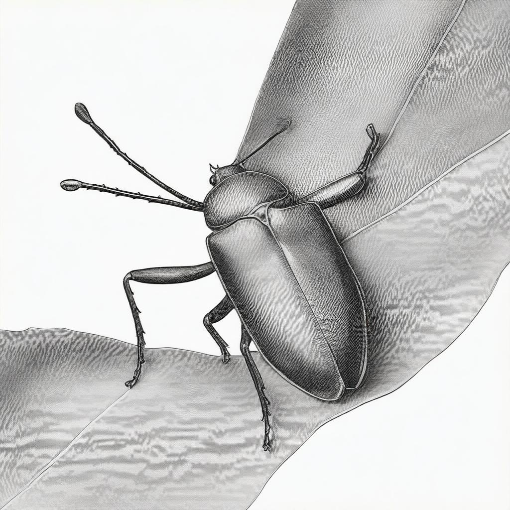 A monochrome pencil sketch, meticulously crafted to capture the intricate details of a bug perched on a leaf