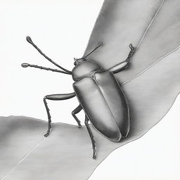 A monochrome pencil sketch, meticulously crafted to capture the intricate details of a bug perched on a leaf