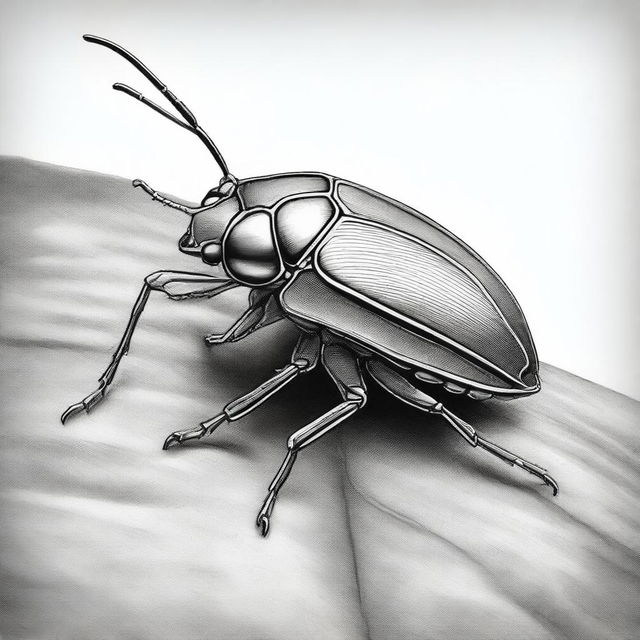 A monochrome pencil sketch, meticulously crafted to capture the intricate details of a bug perched on a leaf