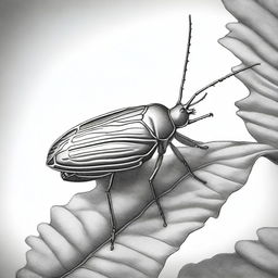 A monochrome pencil sketch, meticulously crafted to capture the intricate details of a bug perched on a leaf