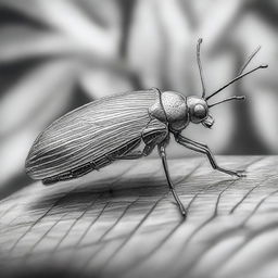 A monochrome pencil sketch, meticulously crafted to capture the intricate details of a bug perched on a leaf