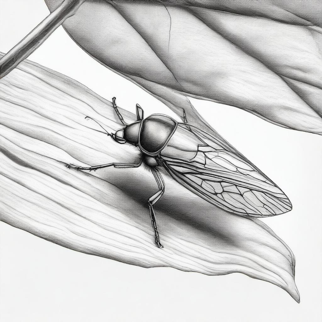 Another masterful pencil sketch in black and white, this time showcasing a different bug delicately positioned on a different leaf