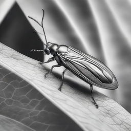 Another masterful pencil sketch in black and white, this time showcasing a different bug delicately positioned on a different leaf