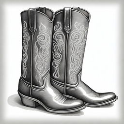 A black and white pencil sketch of a pair of retro cowboy boots