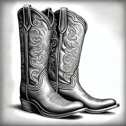 A black and white pencil sketch of a pair of retro cowboy boots