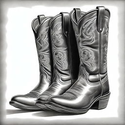 A black and white pencil sketch of a pair of retro cowboy boots