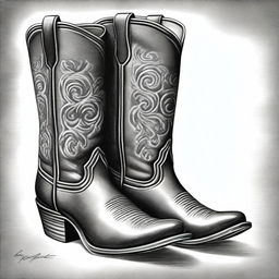 A black and white pencil sketch of a pair of retro cowboy boots