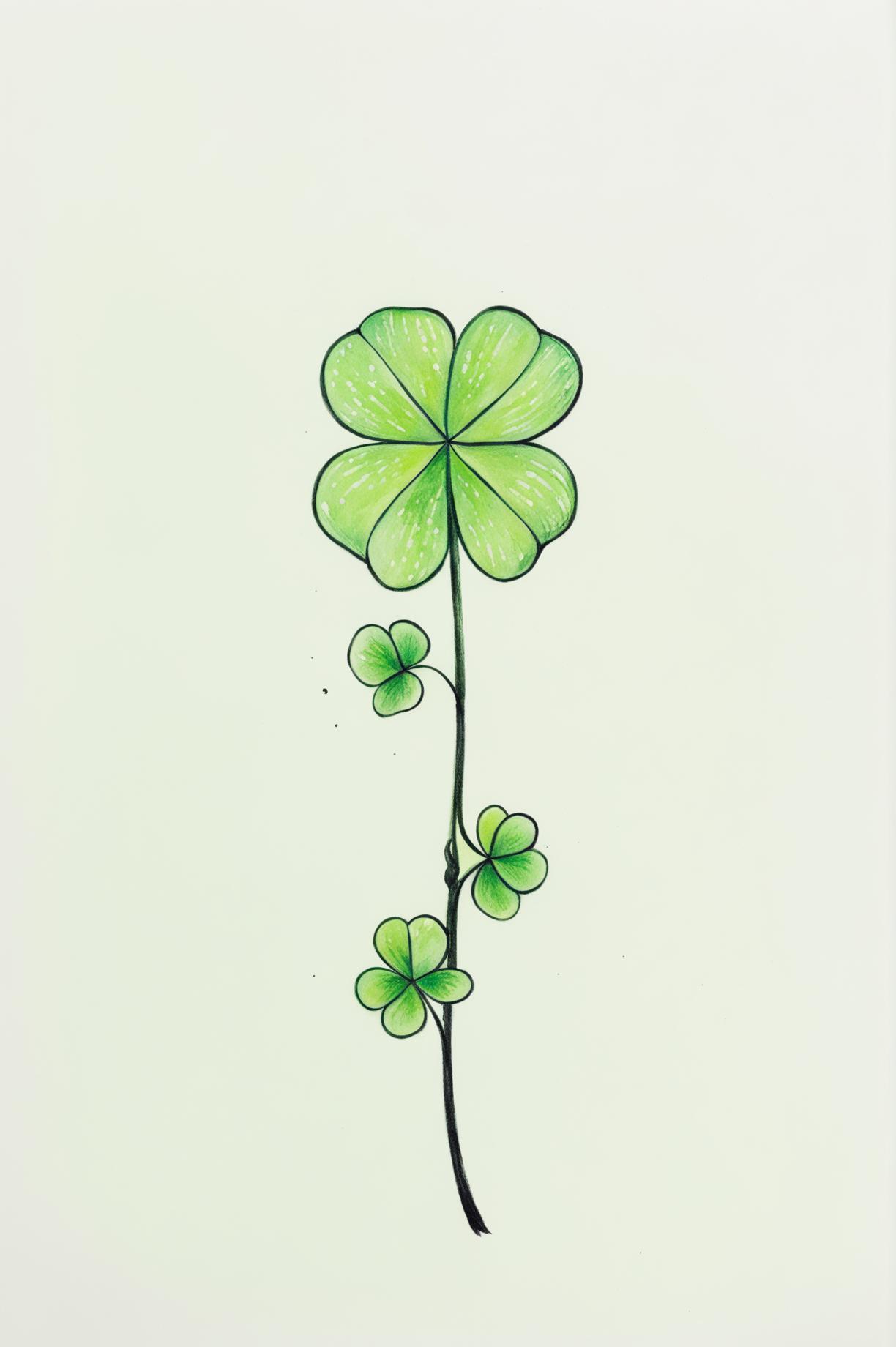 This is a minimalist Sharpie drawing of a four-leaf clover, filled with soft pastel colors