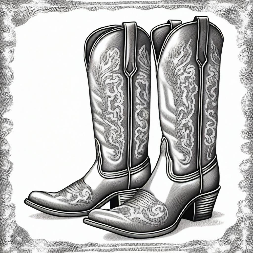 A pencil drawing showcasing a pair of cool cowboy boots