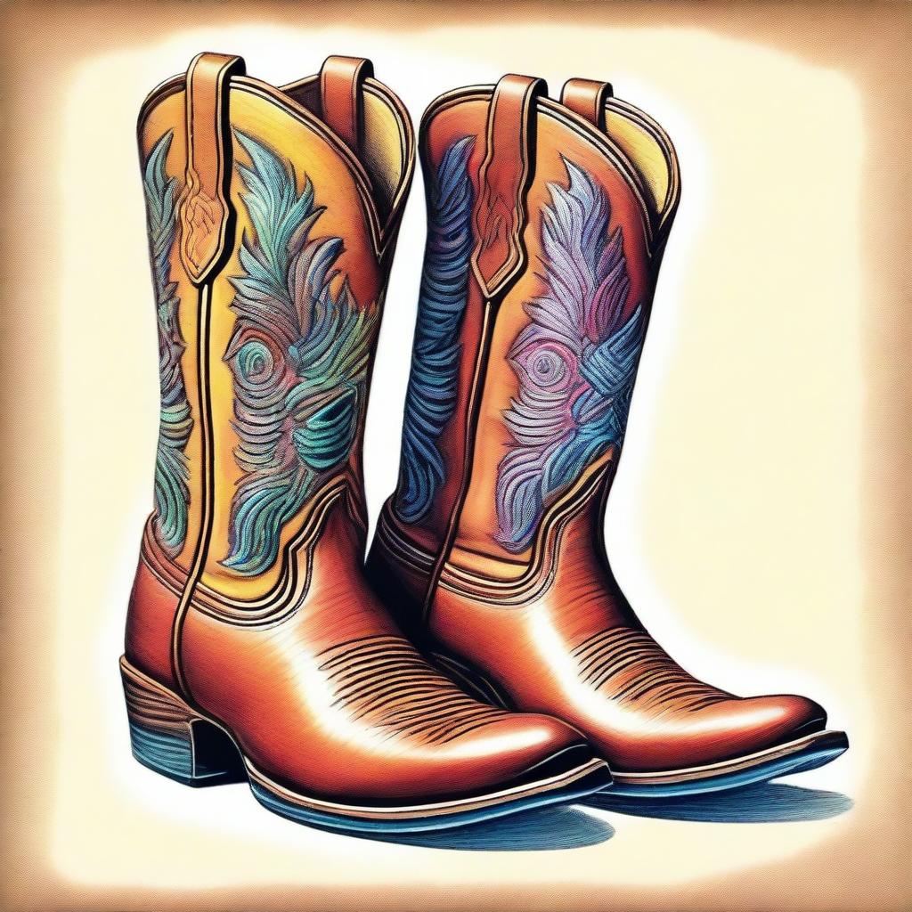 A vibrant coloured pencil drawing captures a pair of cool cowboy boots