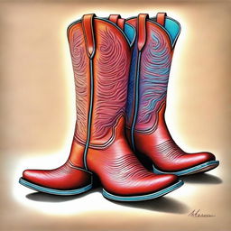 A vibrant coloured pencil drawing captures a pair of cool cowboy boots