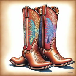 A vibrant coloured pencil drawing captures a pair of cool cowboy boots