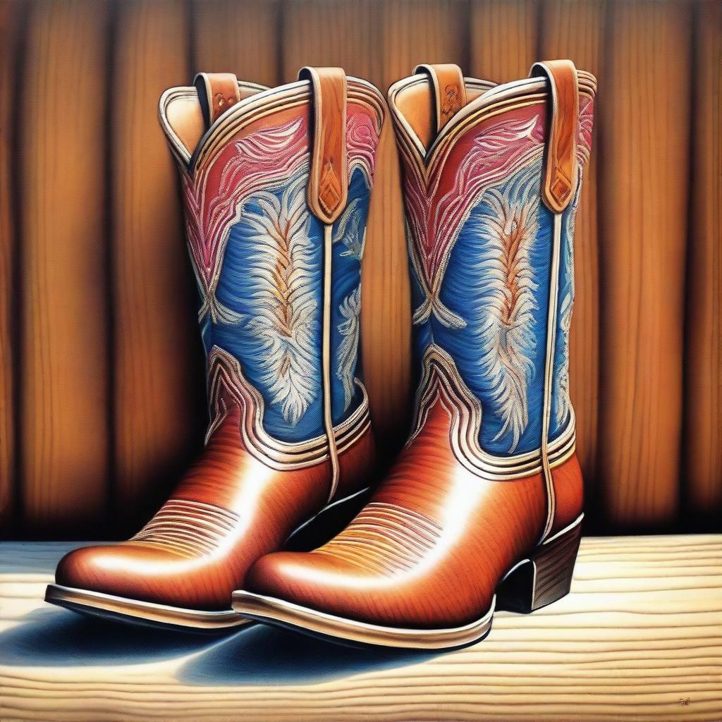 A vibrant coloured pencil drawing captures a pair of cool cowboy boots