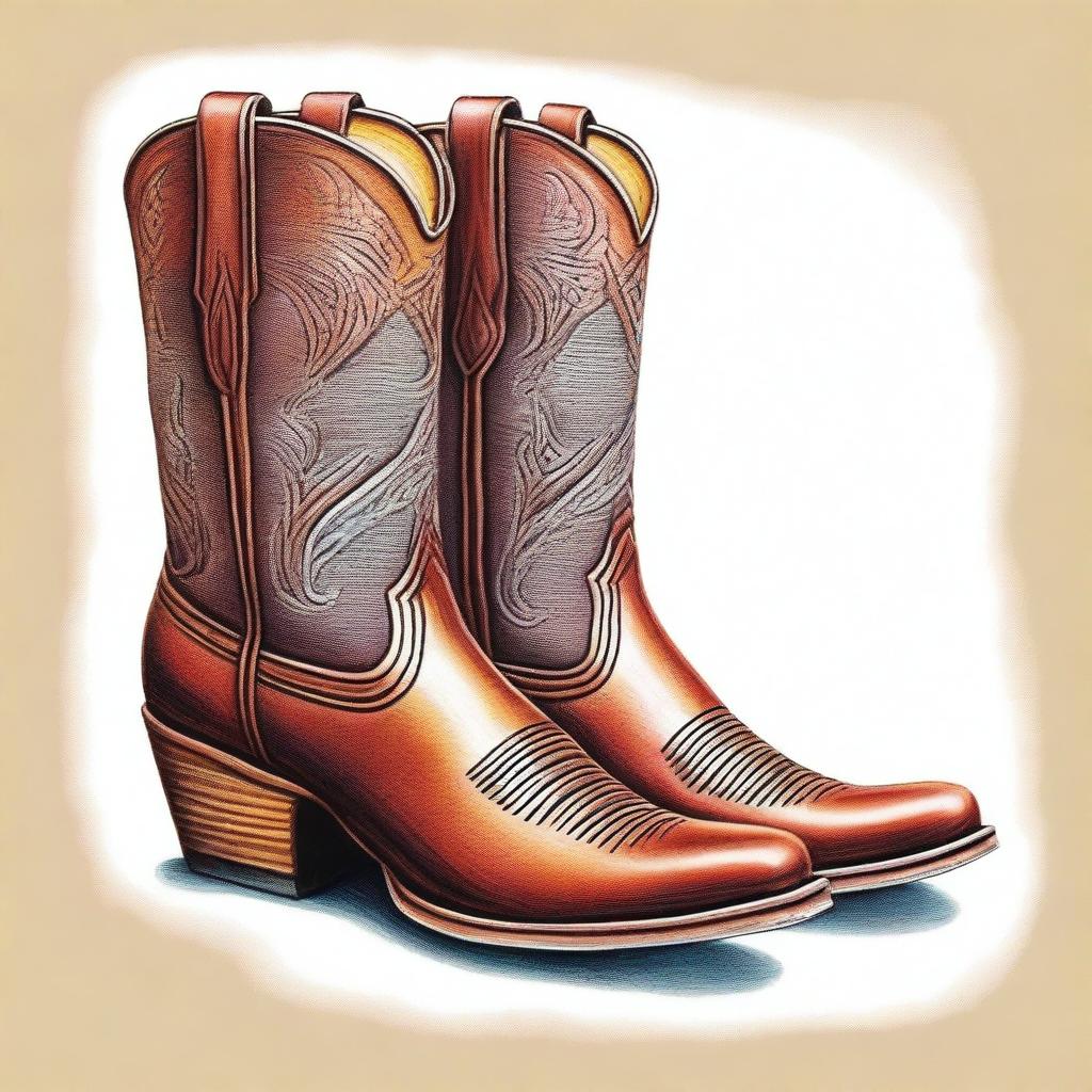 A detailed coloured pencil drawing of fashionable cowboy boots