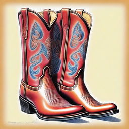 A detailed coloured pencil drawing of fashionable cowboy boots