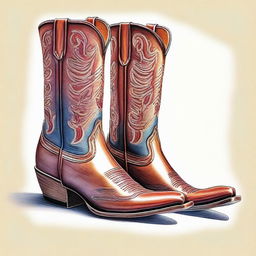 A detailed coloured pencil drawing of fashionable cowboy boots