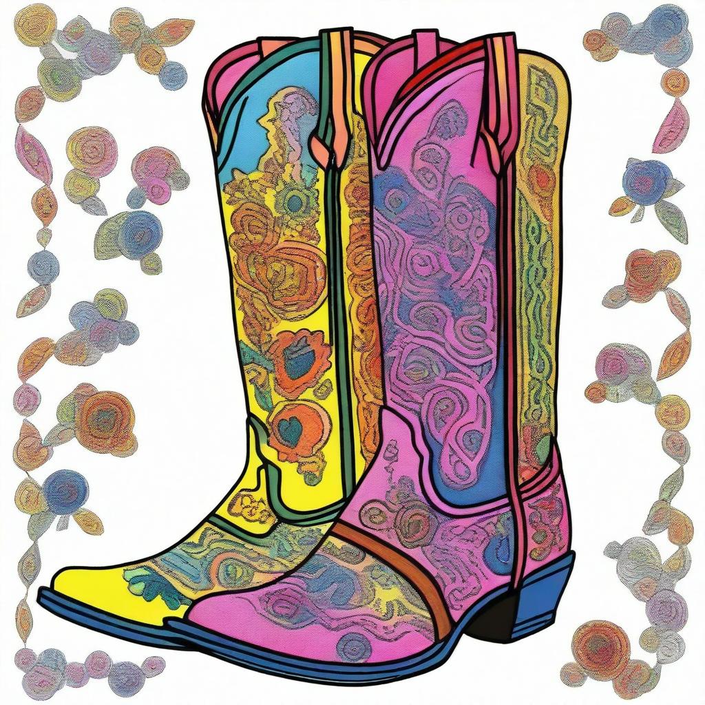 A vibrant, coloured Sharpie drawing that beautifully illustrates a pair of fashionable cowboy boots