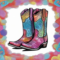 A vibrant, coloured Sharpie drawing that beautifully illustrates a pair of fashionable cowboy boots