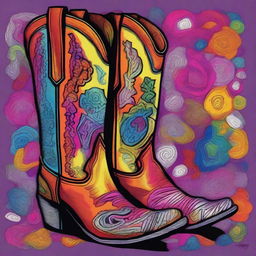 A vibrant, coloured Sharpie drawing that beautifully illustrates a pair of fashionable cowboy boots