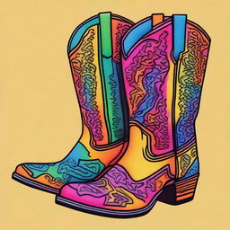 A vibrant, coloured Sharpie drawing that beautifully illustrates a pair of fashionable cowboy boots