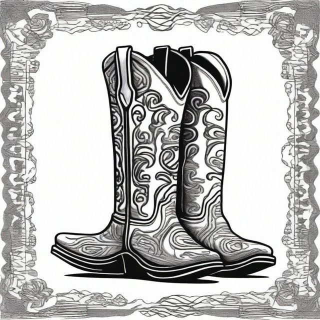 A black and white Sharpie drawing, showcasing a pair of fashionable cowboy boots