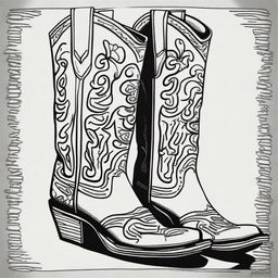 A black and white Sharpie drawing, showcasing a pair of fashionable cowboy boots