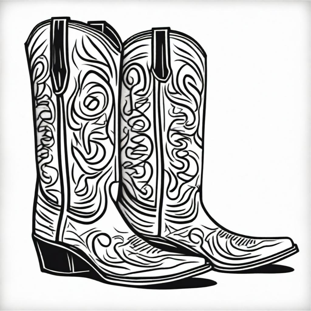 A striking black and white Sharpie drawing that portrays a pair of fashionable cowboy boots