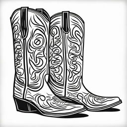 A striking black and white Sharpie drawing that portrays a pair of fashionable cowboy boots