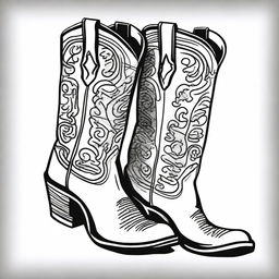 A striking black and white Sharpie drawing that portrays a pair of fashionable cowboy boots