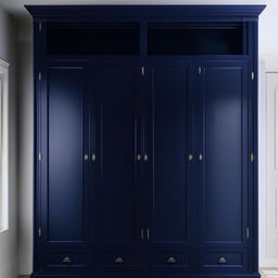 A deep blue wardrobe with an additional loft, exhibiting a classic design with modern functionality