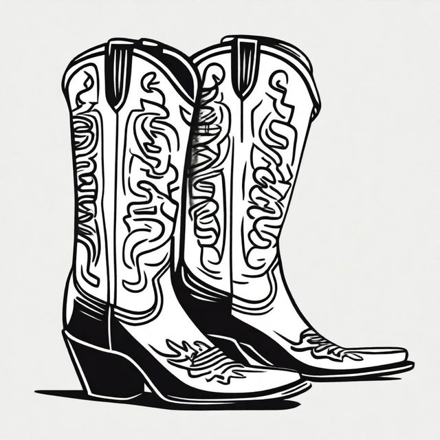 A striking black and white Sharpie drawing that portrays a pair of fashionable cowboy boots