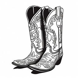 A striking black and white Sharpie drawing that portrays a pair of fashionable cowboy boots