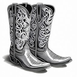 A black and white pen drawing that depicts a pair of fashionable cowboy boots