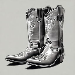 A black and white pen drawing that depicts a pair of fashionable cowboy boots