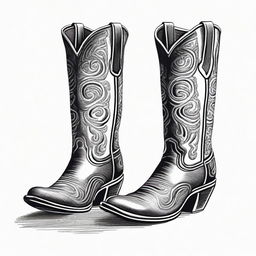 A black and white pen drawing that depicts a pair of fashionable cowboy boots