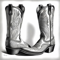 A black and white pen drawing that depicts a pair of fashionable cowboy boots