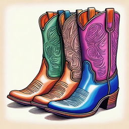 A coloured pen drawing showcasing a pair of fashionable cowboy boots