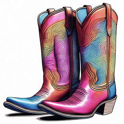 A coloured pen drawing showcasing a pair of fashionable cowboy boots