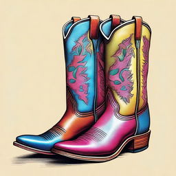 A coloured pen drawing showcasing a pair of fashionable cowboy boots