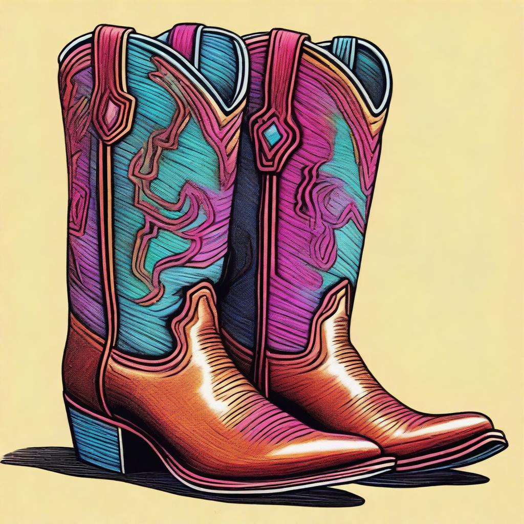 A coloured pen drawing showcasing a pair of fashionable cowboy boots