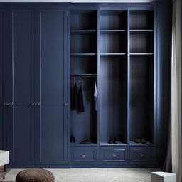 A deep blue wardrobe with an additional loft, exhibiting a classic design with modern functionality