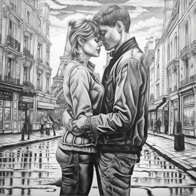 A high-definition, black and white pencil drawing of a cute couple deeply in love in Paris