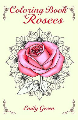 A beautifully designed coloring book cover featuring a single intricate rose surrounded by detailed floral patterns