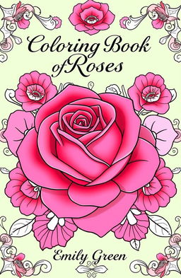 A beautifully designed coloring book cover featuring a single intricate rose surrounded by detailed floral patterns